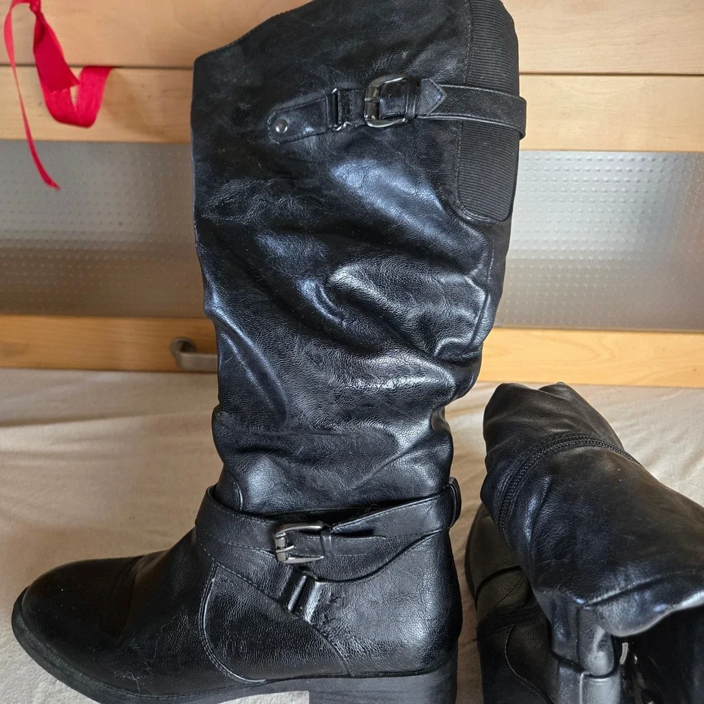 White Mountain Lancelot Tall Boots Womens 8M-WC Black Slouchy Buckle Moto